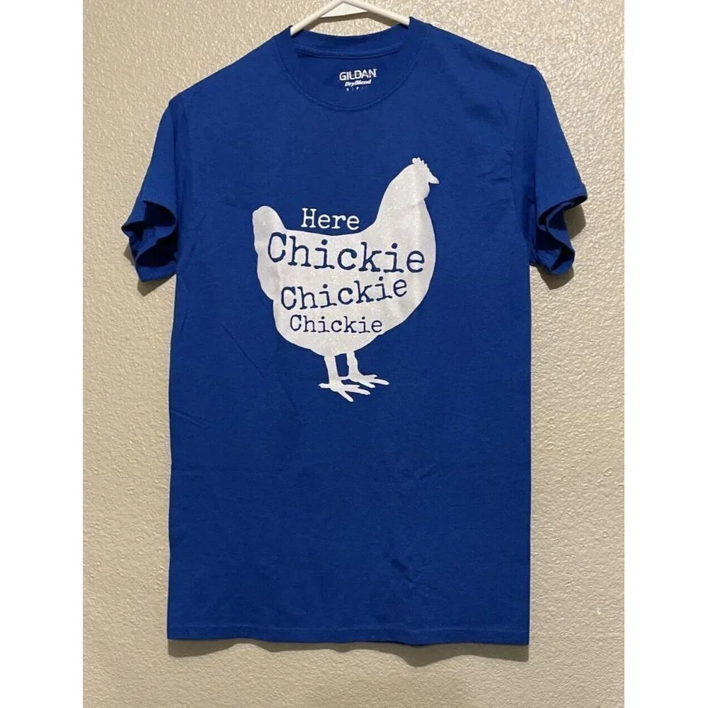 Chicken Here Chickie Chickie Blue Funny Novelty T Shirt‎ Tee Unisex Size Small
